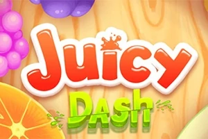 Büyük, renkli Juicy Dash yazısının önünde çeşitli meyve dilimleri