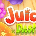 Büyük, renkli Juicy Dash yazısının önünde çeşitli meyve dilimleri