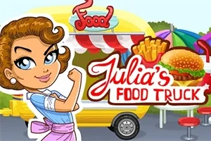 Bir kadın karakter, yanındaki renkli gıda kamyonunun önünde belirgin bir şekilde gösteriliyor ve yanında Julias Food Truck yazısı bulunuyor