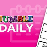 Pembe arka plan üzerinde Jumble Daily yazısı ve kelime bulmacası