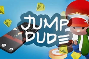 Kırmızı şapka takmış çizgi karakter ve sarı elmaslarla çevrili mobil telefon ekranı üzerinde Jump Dude metni