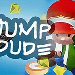 Kırmızı şapka takmış çizgi karakter ve sarı elmaslarla çevrili mobil telefon ekranı üzerinde Jump Dude metni