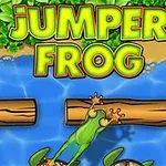 Yeşil kurbağanın su üzerinde kütüklere sıçradığı, üst kısmında büyük sarı harflerle Jumper Frog yazılı bir görüntü