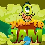 Yeşil ve sarı tonlarında bir arka planın önünde, tek gözlü bir yaratık ve Jumper Jam 2 yazısı