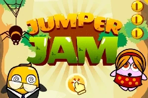 Renkli grafiklerle tasarlanmış, ortasında Jumper Jam yazısı bulunan bir oyun görüntüsü, iki karakter ve bir örümcek yer alıyor