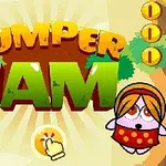 Renkli grafiklerle tasarlanmış, ortasında Jumper Jam yazısı bulunan bir oyun görüntüsü, iki karakter ve bir örümcek yer alıyor