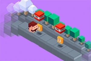 Pikselli bir karakterin, bloklardan oluşan bir yolda altın para toplarken yanında ağaçlar ve küçük kırmızı çatılı evlerin bulunduğu bir sahne
