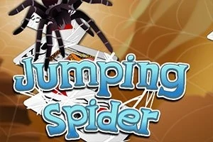 Büyük bir örümcek ve arka planda üst üste dizili iskambil kartları üzerinde Jumping Spider yazısı
