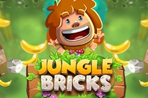 Ormanda muzlar arasında mutlu bir karakter ve renkli Jungle Bricks yazısı