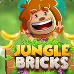Ormanda muzlar arasında mutlu bir karakter ve renkli Jungle Bricks yazısı