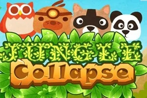 Baykuş, maymun, rakun ve panda karakterleriyle çevrili, yapraklarla süslenmiş Jungle Collapse yazısı