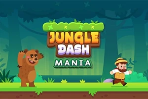 Karakterlerin bir ormanda bir ayının önünde koştuğu, Jungle Dash Mania yazılı renkli bir afiş