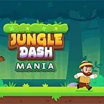 Karakterlerin bir ormanda bir ayının önünde koştuğu, Jungle Dash Mania yazılı renkli bir afiş