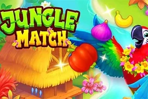 Renkli bir papağan, meyveler ve çiçeklerle çevrili, saman çatılı tropikal bir kulübenin yanında, yeşil ve sarı renklerle yazılmış Jungle Match yazısı