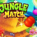 Renkli bir papağan, meyveler ve çiçeklerle çevrili, saman çatılı tropikal bir kulübenin yanında, yeşil ve sarı renklerle yazılmış Jungle Match yazısı