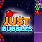 Renkli baloncukların patlatıldığı bir oyun ekranı, sol tarafta Just Bubbles metni, sağ tarafta ise baloncukların hedef alındığı bir düzenek