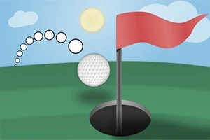 Yeşil bir zemin üzerinde deliğe yaklaşan golf topu ve yanında dalgalanan kırmızı bir bayrak