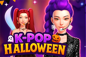 K-pop tarzı iki karakter, mor neon arka plan, balkabağı ve hayalet süsleriyle Halloween temalı renkli afiş