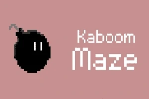 Pembe arka plan üzerinde, solda pikselli siyah bir bomba ve sağda beyaz renkte Kaboom Maze yazısı