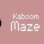 Pembe arka plan üzerinde, solda pikselli siyah bir bomba ve sağda beyaz renkte Kaboom Maze yazısı