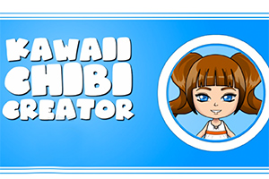 Mavi bir arka plan üzerinde büyük beyaz harflerle yazılmış Kawaii Chibi Creator yazısı ve sağda yuvarlak bir çerçevede kahverengi saçlı, mavi gözlü bir chibi karakter