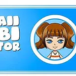 Mavi bir arka plan üzerinde büyük beyaz harflerle yazılmış Kawaii Chibi Creator yazısı ve sağda yuvarlak bir çerçevede kahverengi saçlı, mavi gözlü bir chibi karakter