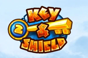 Büyük sarı bir anahtar ve mavi bir arka plan üzerine turuncu renkli Key & Shield 2 yazısı