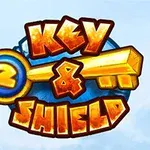 Büyük sarı bir anahtar ve mavi bir arka plan üzerine turuncu renkli Key & Shield 2 yazısı
