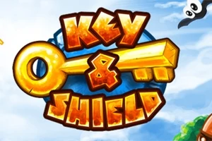 Büyük sarı bir anahtar ve renkli Key & Shield yazısıyla çevrili mavi bir daire ve etrafında bulutlar