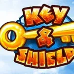Büyük sarı bir anahtar ve renkli Key & Shield yazısıyla çevrili mavi bir daire ve etrafında bulutlar