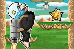 Mavi kasklı jetpack takan maymun, dağ ve çimen manzaralı bir ortamda uçarken bir sembole doğru ilerliyor