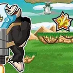 Mavi kasklı jetpack takan maymun, dağ ve çimen manzaralı bir ortamda uçarken bir sembole doğru ilerliyor