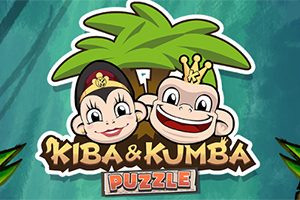 Palmiye ağacı arkasında iki sevimli maymun ve Kiba & Kumba Puzzle yazısı