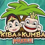 Palmiye ağacı arkasında iki sevimli maymun ve Kiba & Kumba Puzzle yazısı