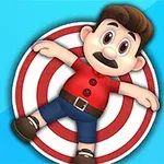 Kırmızı gömlekli ve mavi pantolonlu bir çizgi karakter, kırmızı-beyaz hedef tahtası üzerinde kollarını açmış şekilde