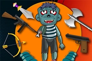 Mavi-yeşil renkte çizgi film tarzı bir zombi, ortasında turuncu bir dairenin yer aldığı arka planın önünde, etrafında silahlar ve aletlerle