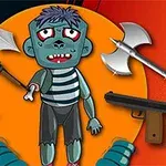 Mavi-yeşil renkte çizgi film tarzı bir zombi, ortasında turuncu bir dairenin yer aldığı arka planın önünde, etrafında silahlar ve aletlerle