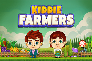 Yeşil bir arka plan önünde iki çocuk karakter ve büyük renkli harflerle Kiddie Farmers yazısı