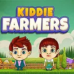 Yeşil bir arka plan önünde iki çocuk karakter ve büyük renkli harflerle Kiddie Farmers yazısı