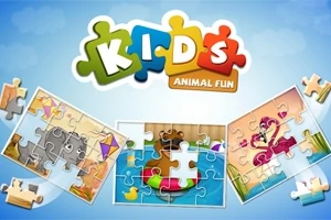 Renkli bulmaca parçalarıyla oluşturulmuş hayvan temalı çocuk bulmacaları ve KIDS yazısı