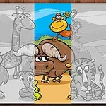 Çizgi tarzında bir araya gelmiş aslan, zürafa, manda, maymun ve lemur gibi hayvanlar içeren renkli bir orman manzarası