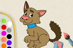 Kahverengi çizgi film köpeği, mavi tasma takmış ve etrafında boya paleti ve fırça bulunan bir sahne