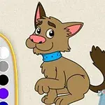Kahverengi çizgi film köpeği, mavi tasma takmış ve etrafında boya paleti ve fırça bulunan bir sahne