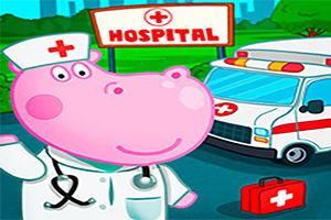 Pembe renkte hemşire şapkalı hipopotam, ambulans ve hastane tabelası ile birlikte bir hastane ortamında yer alıyor