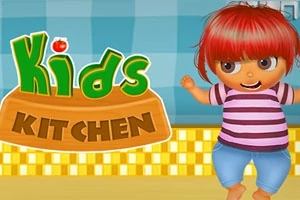 Kırmızı saçlı, çizgili tişörtlü ve mavi şortlu bir çocuk, Kids Kitchen yazısının yanında duruyor