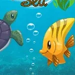 Deniz altında bir kaplumbağa ve sarı bir balık, baloncuklarla birlikte yüzüyor