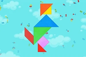 Mavi bir arka plan üzerine yerleştirilmiş, farklı renkte geometrik tangram parçaları