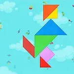 Mavi bir arka plan üzerine yerleştirilmiş, farklı renkte geometrik tangram parçaları
