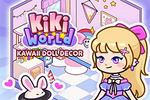 Pastel renkli odada tavşan kulaklı sarışın kawaii kız, dekoratif mobilyalar ve KiKi World Kawaii Doll Decor yazısı