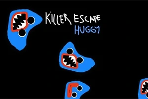 Siyah arka plan üzerinde büyük, sivri dişleri ve beyaz gözleri olan mavi yaratık yüzleri ile Killer Escape Huggy yazısı